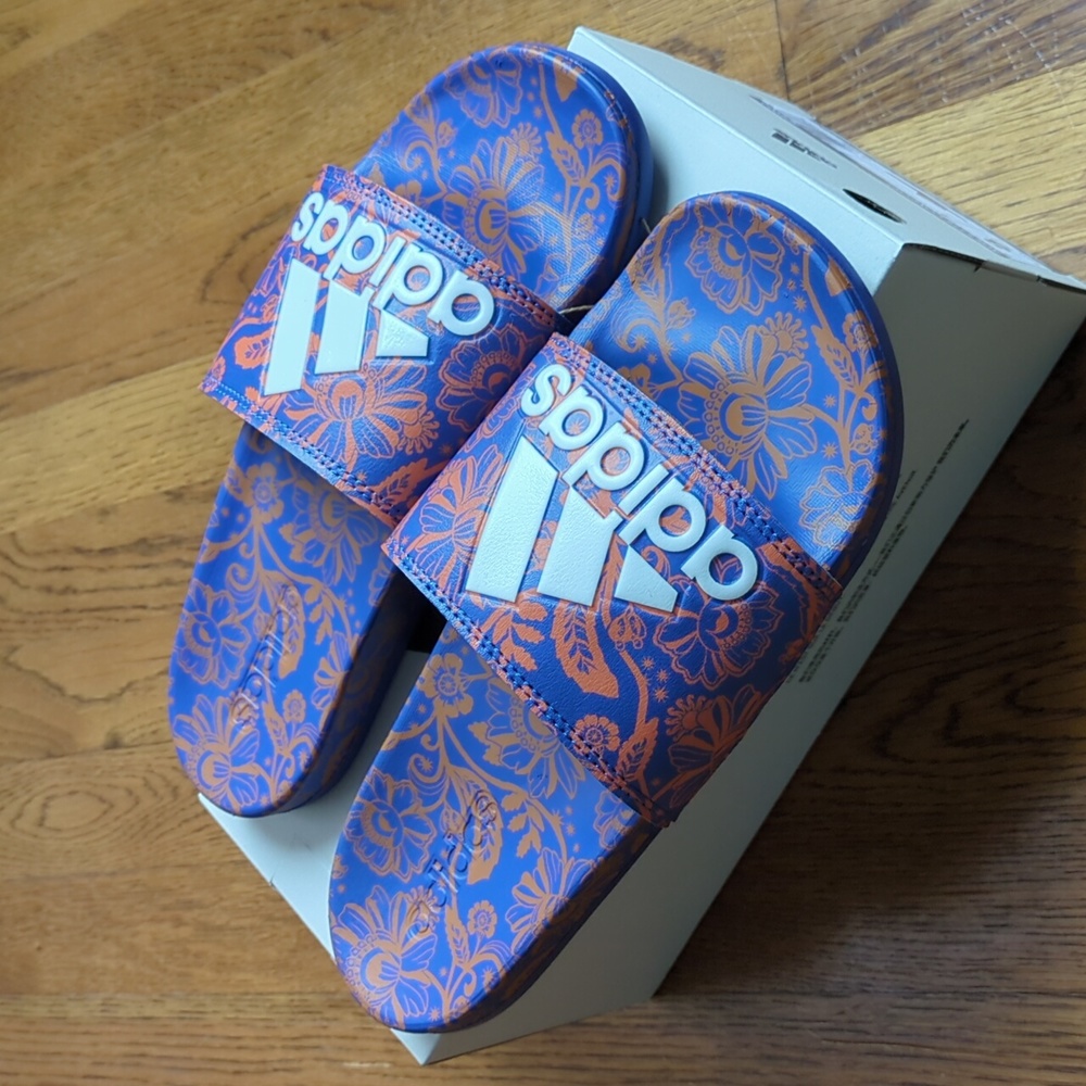NIB FARM Rio Slide Sandals Adidas Collab Vibrant Blue Floral Women's Size 8 - Picture 5 of 16